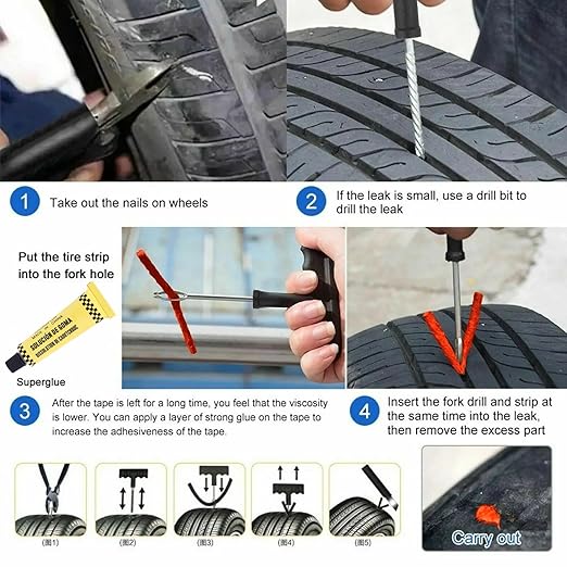 6-in-1 Universal Tubeless Tire Puncture Repair Kit